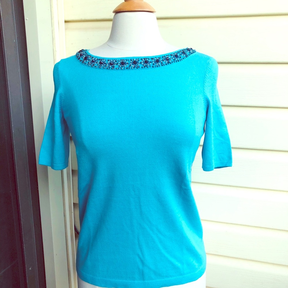 Talbots Blue Silk Cotton Blend Knit Beaded Top PS